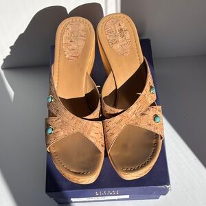 Stuart Weitzman Cork Sandals with Turquoise Accents